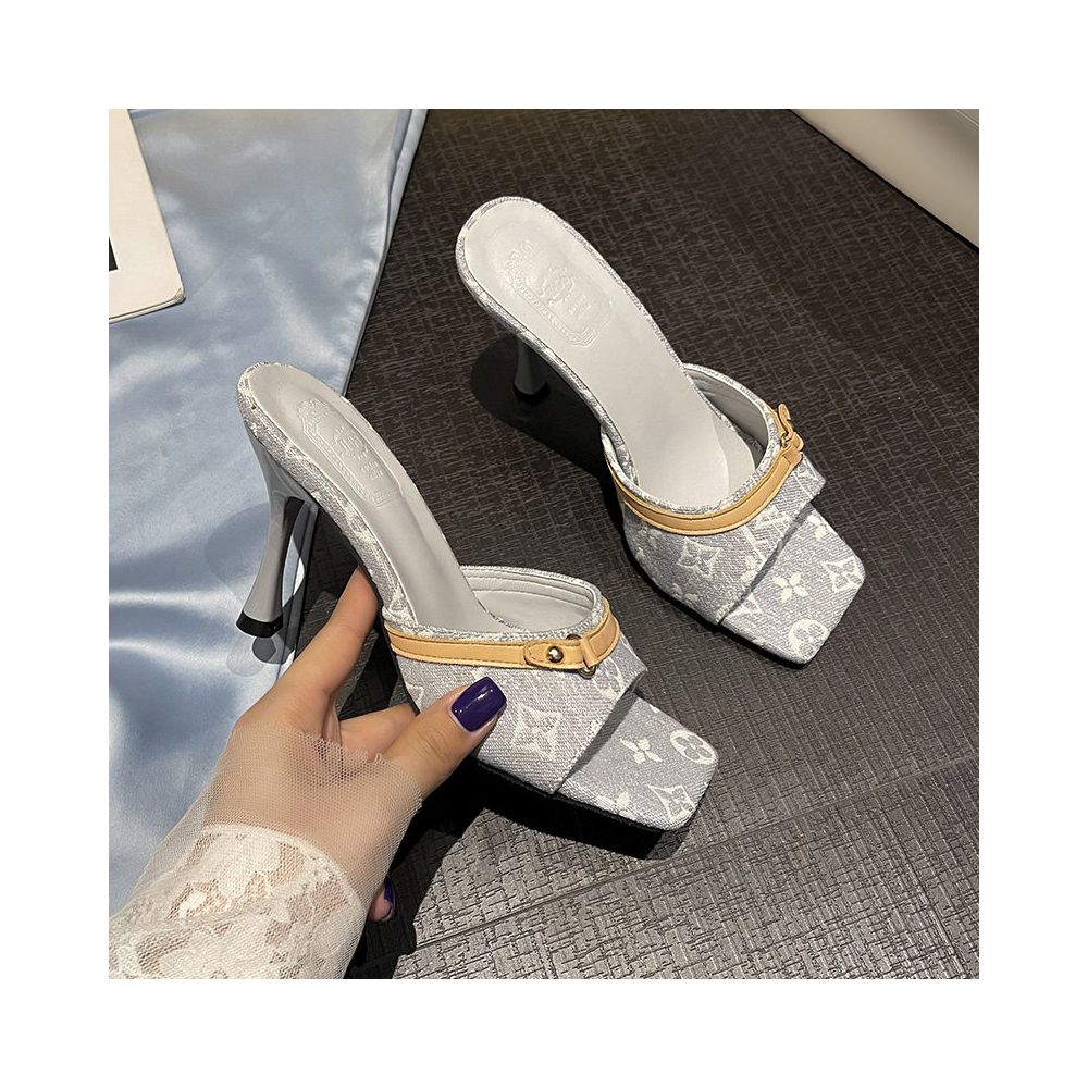 2025 Summer New Denim High Heeled Sandals with Strappy Shoulders Open Toe Women s Printed Elegant Stiletto Sandals image 3